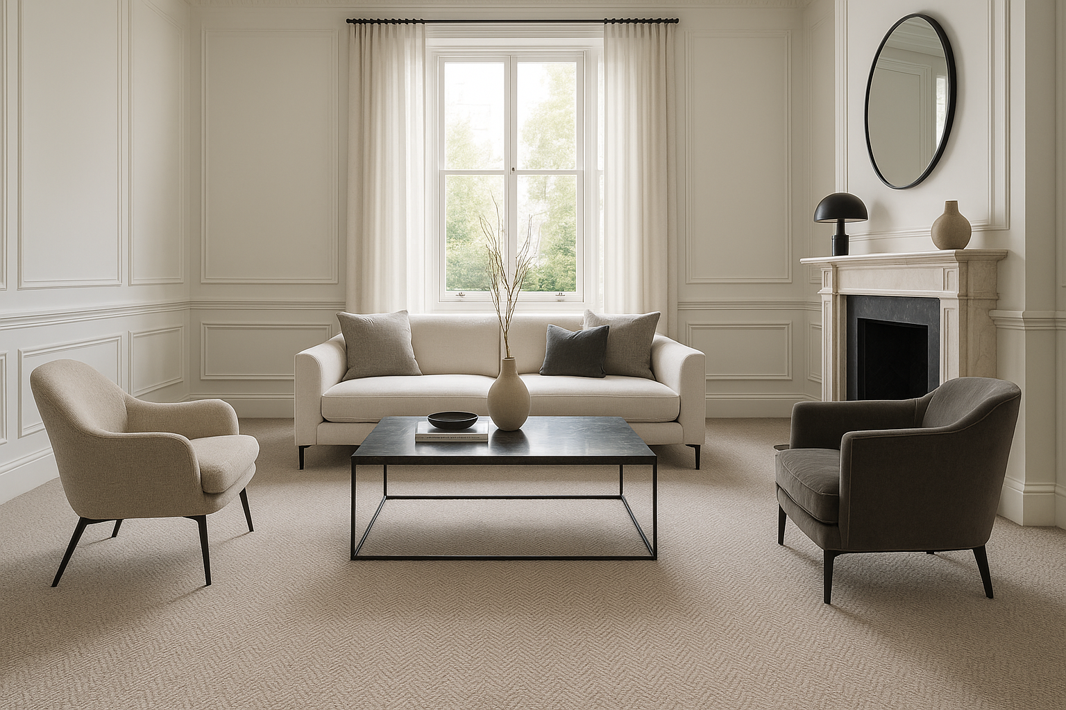 Modern living room with beige sofa, armchairs, and coffee table.

